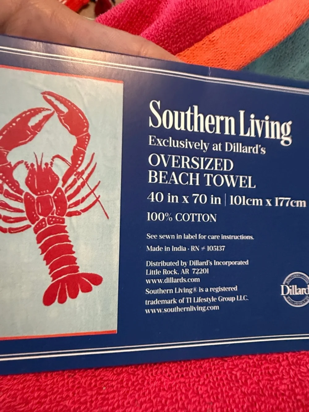 Southern Living Red Lobster Print on Light Blue Oversized Beach Towel 40x70